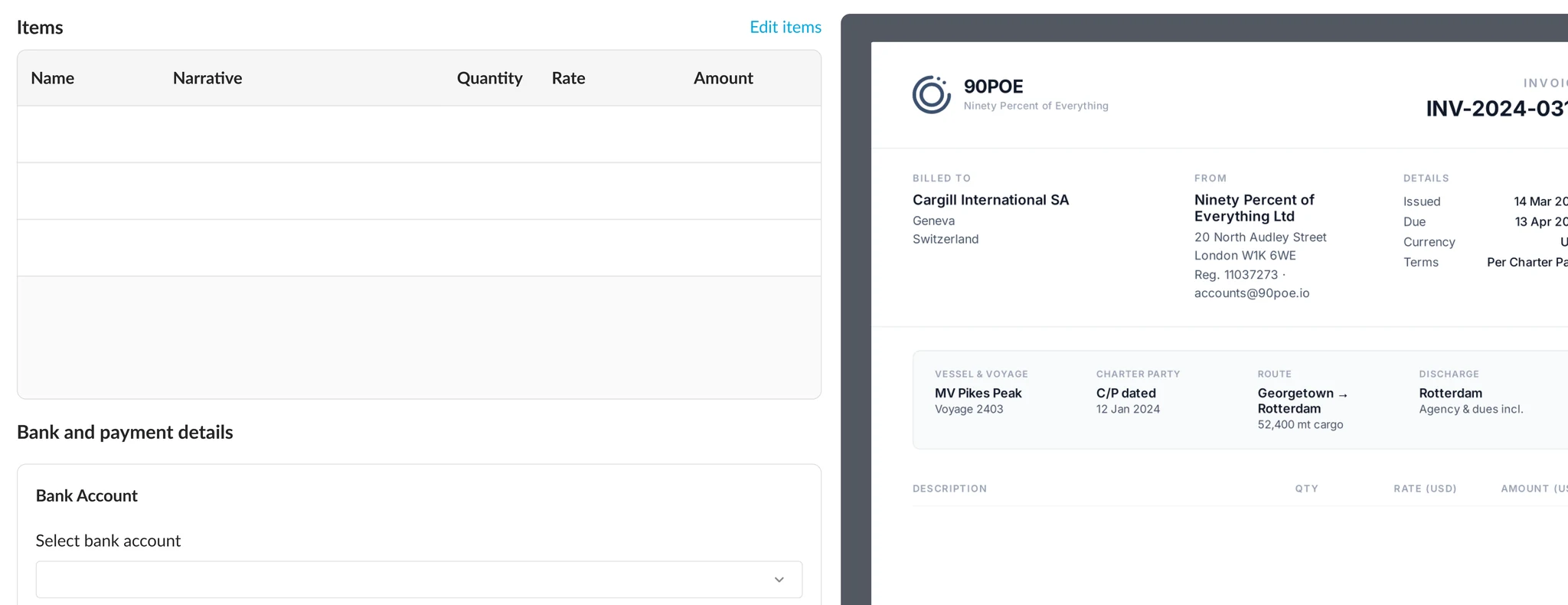 The 90POE Voyage Manager invoice builder: the line items and the shipped invoice document side by side
