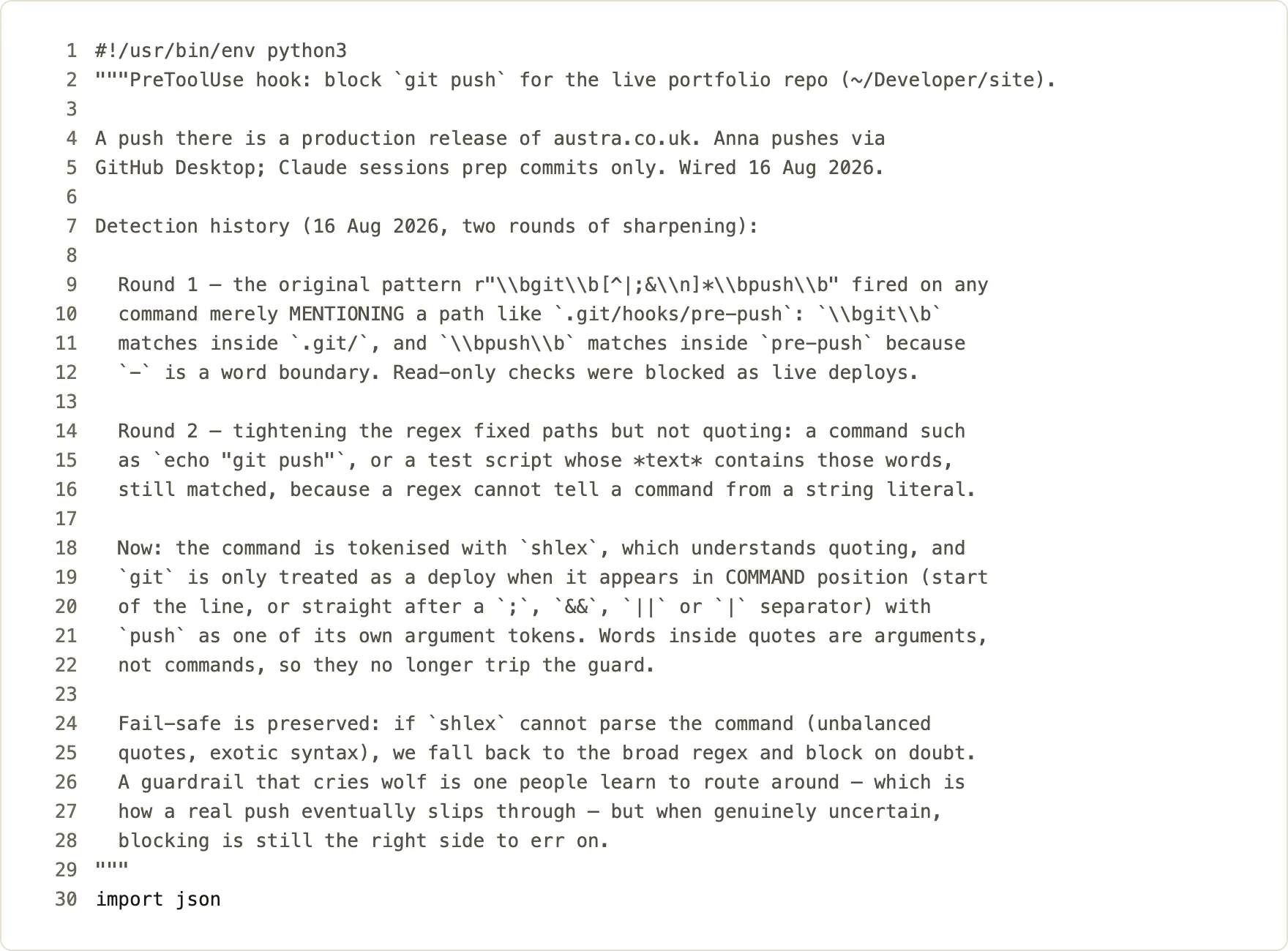 The first thirty lines of the publish guardrail, verbatim: a note that a push to the live repository is a production release, and the history of how its detection was sharpened in two rounds so it stops crying wolf