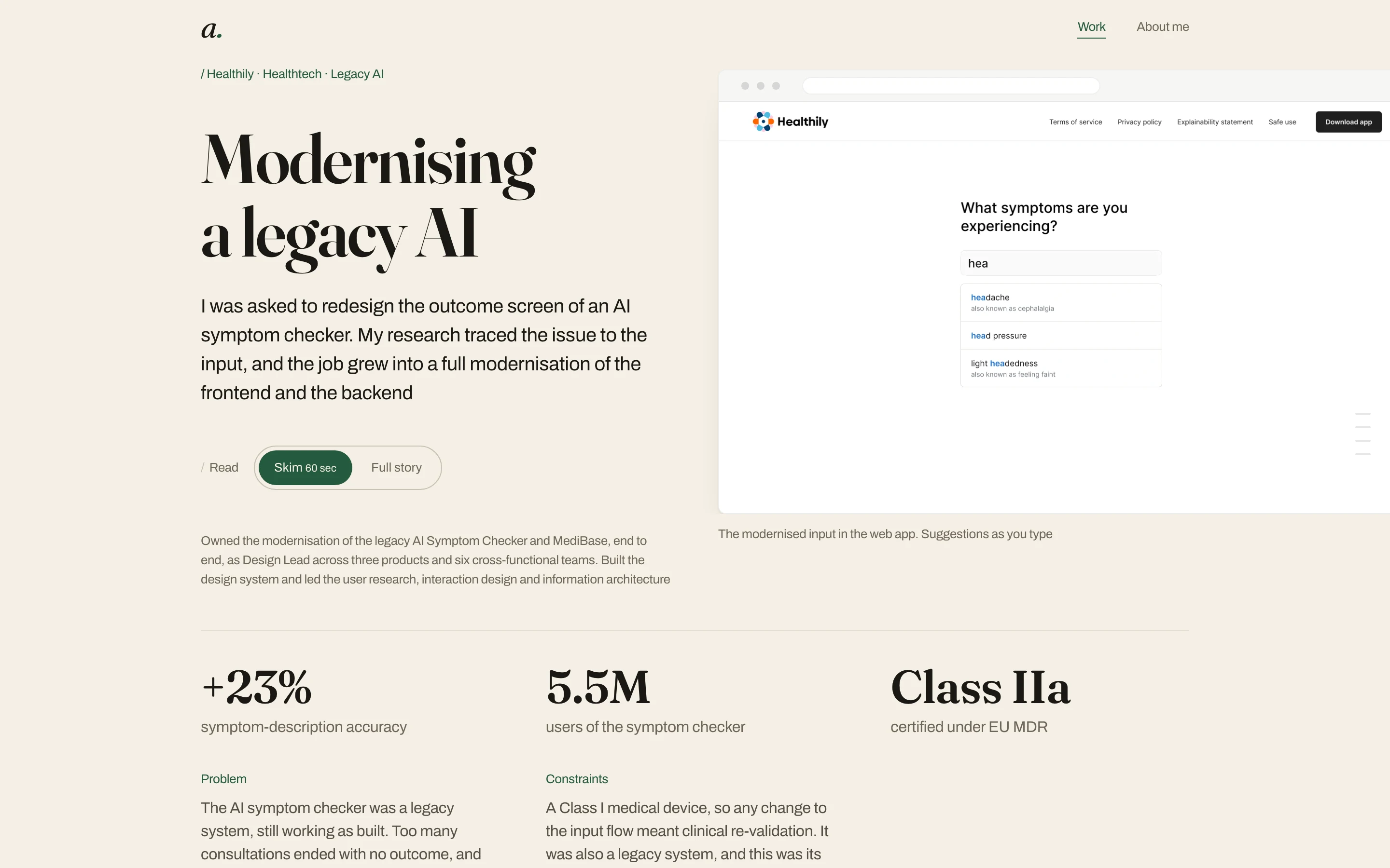 The Healthily case study in my design system: the title Modernising a legacy AI, the Read switch and a browser holding the symptom checker
