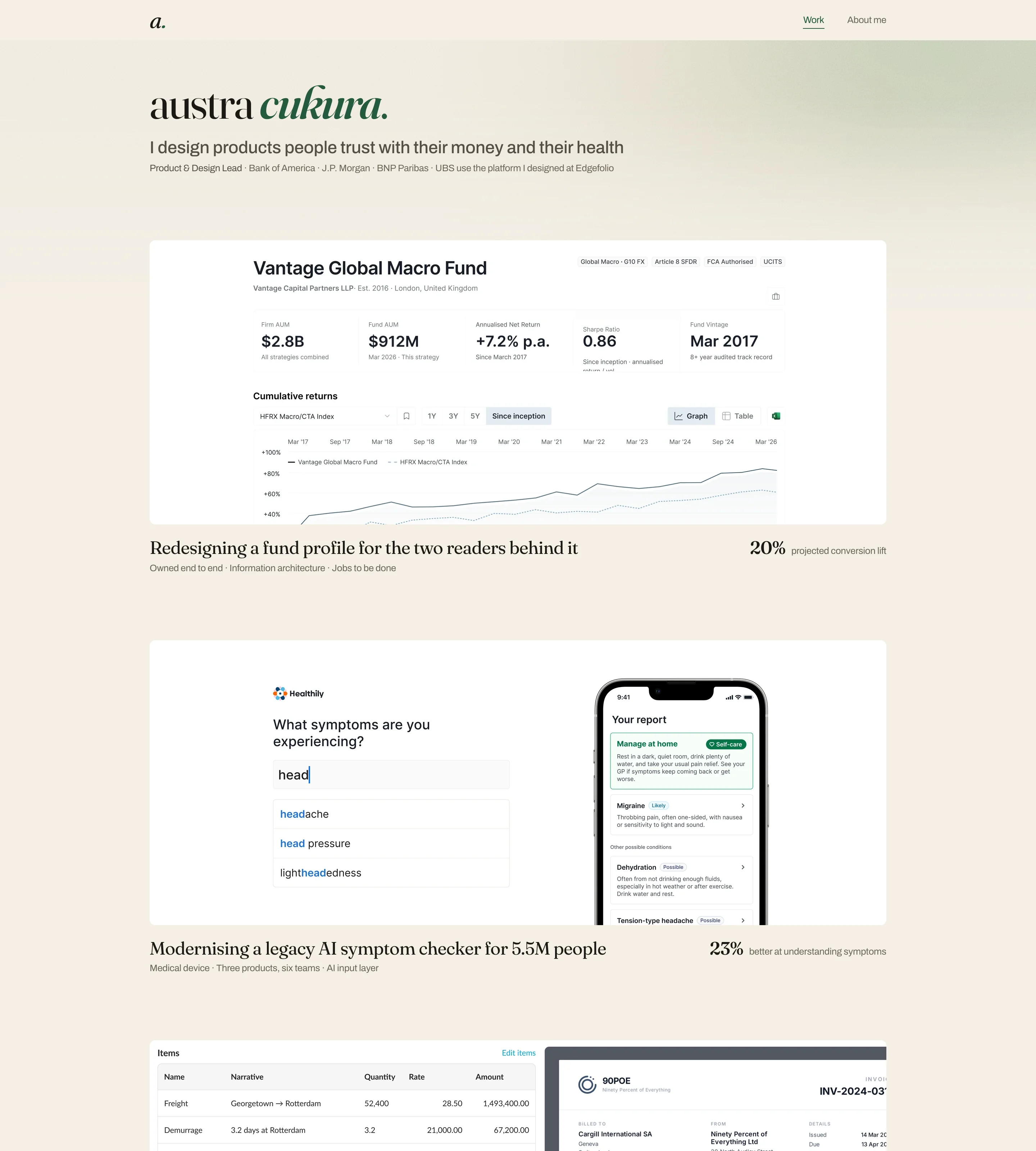 The landing page on 23 September 2026: the name with its green full stop, one line about products people trust with their money and their health, and the case cards