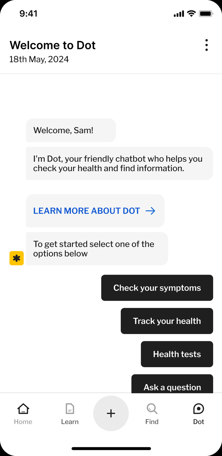 The Dot chat: Dot greets Sam and offers options to check symptoms or ask a question.