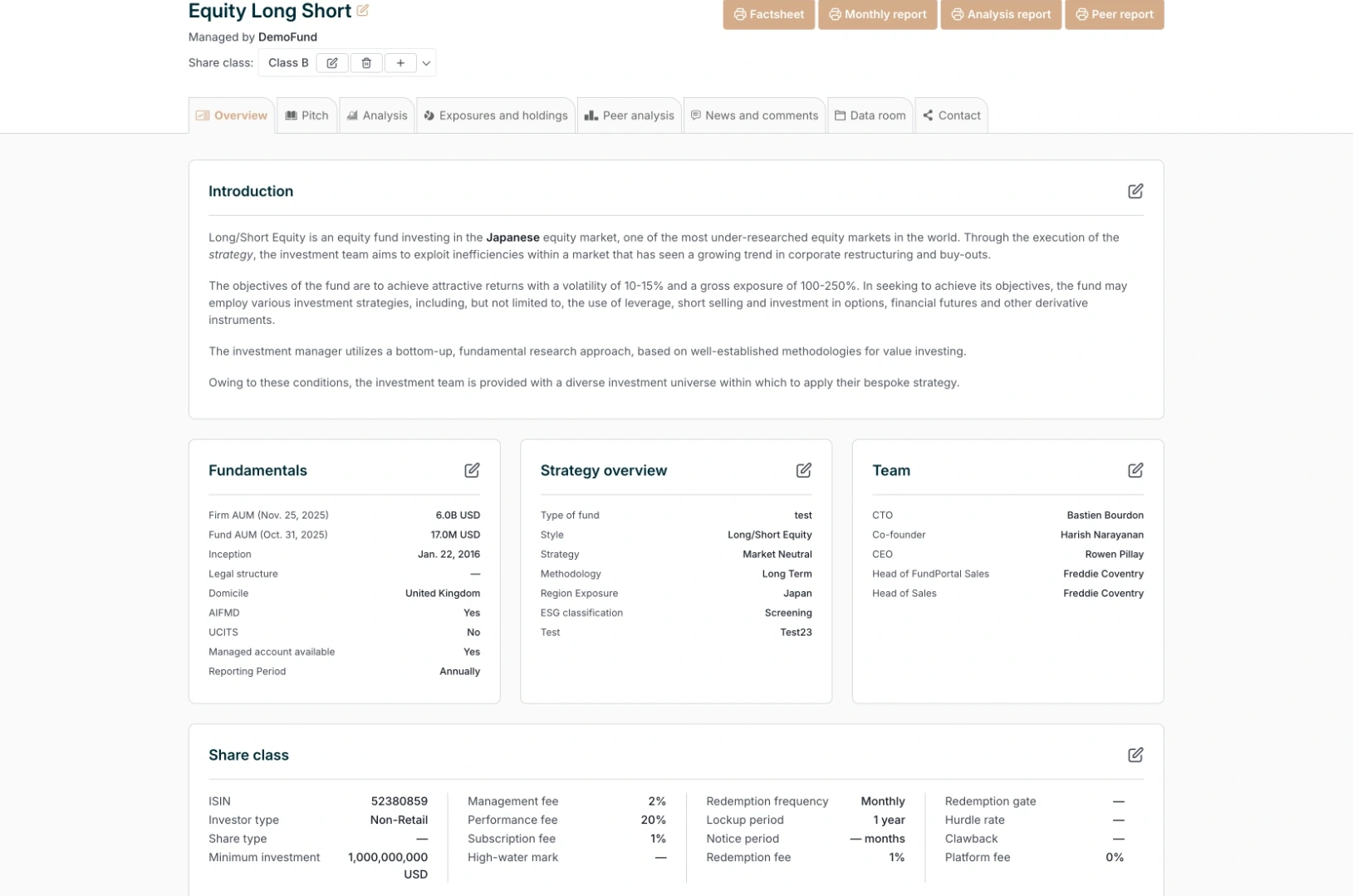 The original fund profile: the fund name, a row of eight tabs, an Introduction of four paragraphs, then cards of small label and value rows for fundamentals, strategy, team and share class