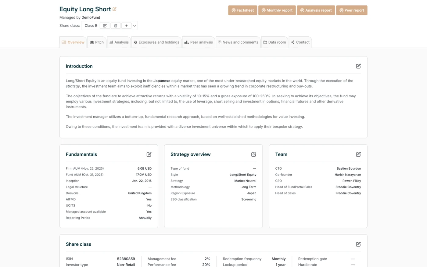 The Overview tab: fund introduction, fundamentals, strategy, team and share classes.