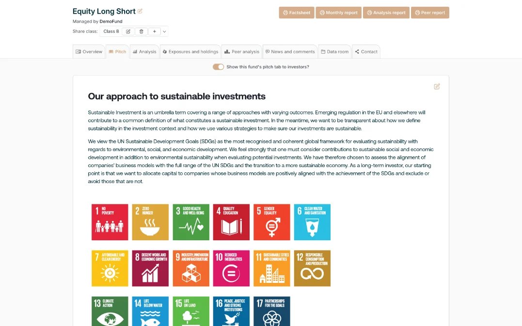 The Pitch tab: the manager's sustainable-investment approach.