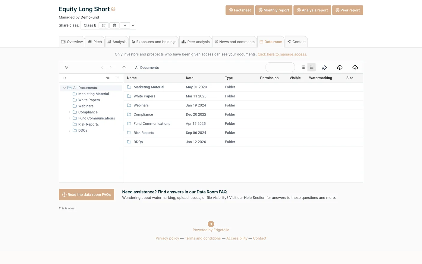 The Data room tab: a folder tree and file table of fund documents.