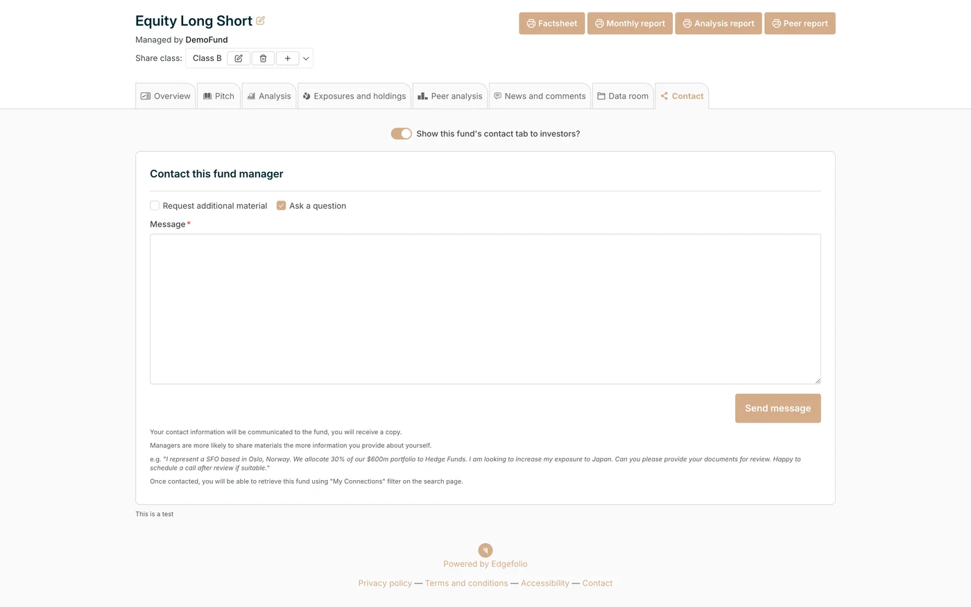 The Contact tab: a message form to reach the fund manager.