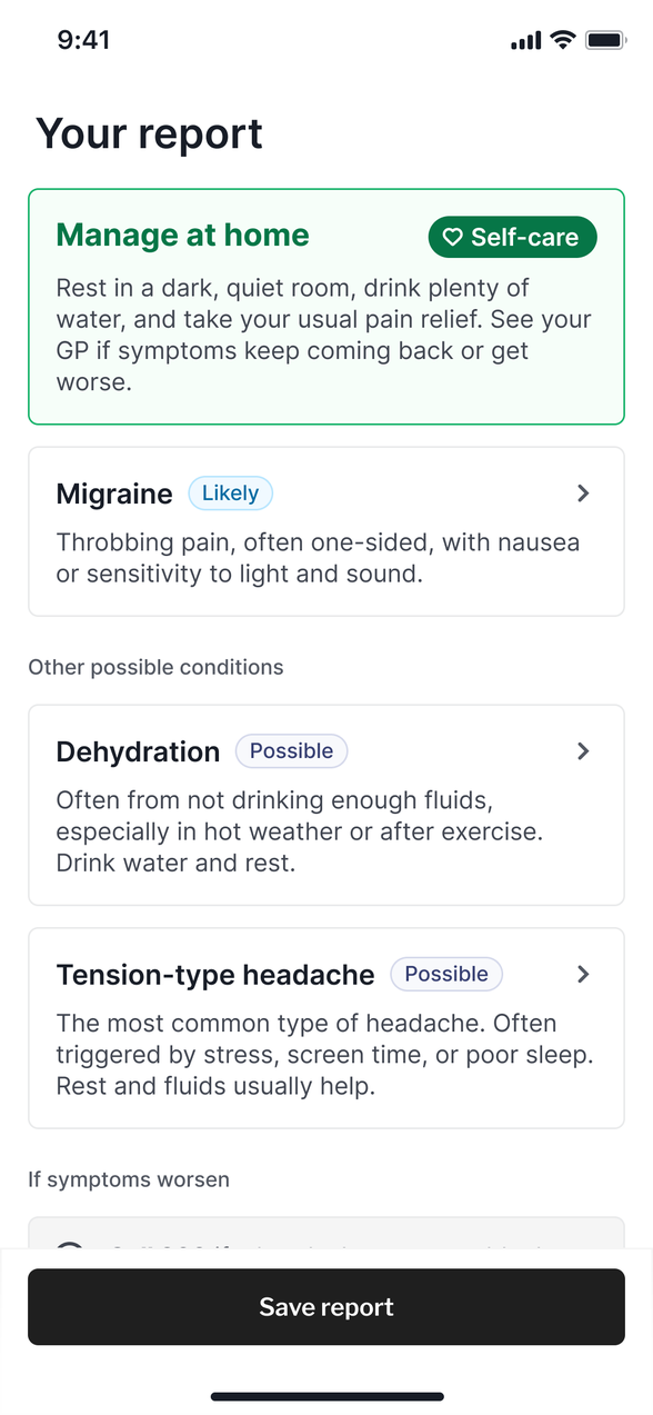 After: the closing screen headed 'Your report', advising self-care at home, with migraine marked likely and two other possible conditions listed