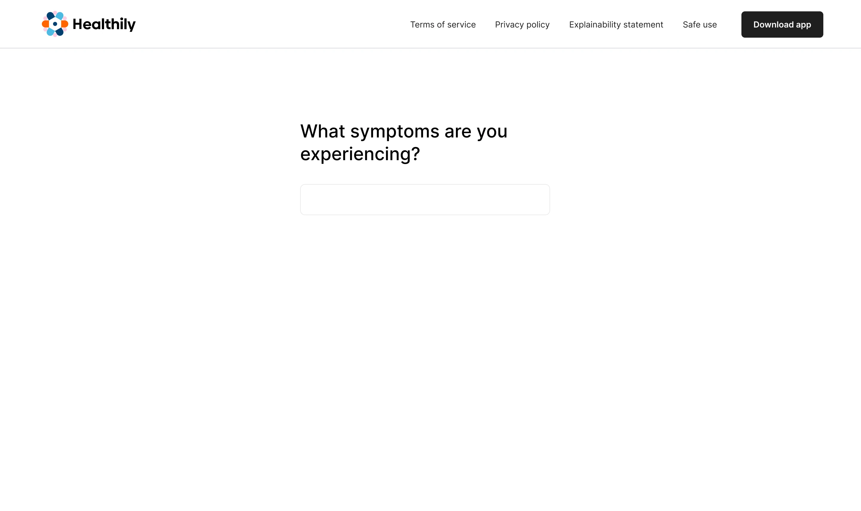 The Healthily symptom checker on the web: the question What symptoms are you experiencing, a text field where hea is typed, and three suggestions underneath, headache also known as cephalalgia, head pressure, and light headedness also known as feeling faint, each with the typed letters highlighted