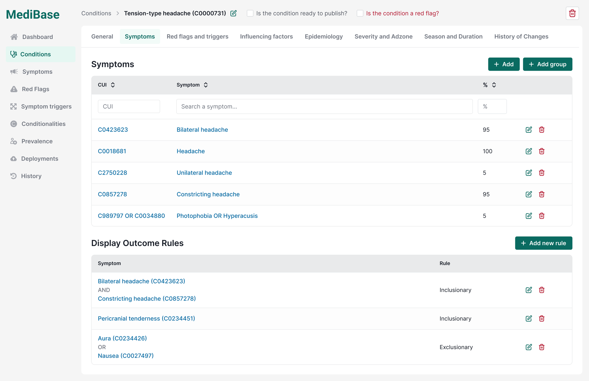 MediBase, the internal clinician tool: a condition's symptoms keyed to UMLS concept IDs with weights, plus inclusion and exclusion rules, behind red-flag and publish gates.